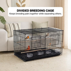 Bird cage with Divider, Wooden perch, Feeding cups, and Removable tray, Sturdy metal wire breeding bird cage for Small-sized birds, Suitable for Indoor/Outdoor use, 76 cm (Black)