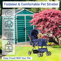 Pet Stroller for Cats and Dogs | Lightweight & Foldable | Dog Stroller with Adjustable Canopy & Spacious Interior | Storage Bag and Universal Wheels | Travel & Outdoor Cat Stroller (Dark Blue)