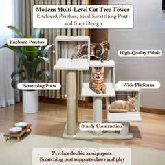 Cat tree with Step design, Soft plush cover, Cat condo and Scratching posts, 96 cm Multi-level cat tower for Indoor cats, Cat climbing furniture and Space saving cat tree (Beige)