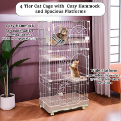 NNC PETS 3-Tier Cat Cage Indoor- Large Metal Wire Cat Crate Kennel with 3 Lockable Doors - Cozy Hammock, Climbing Ladder - Drawer Tray & Universal wheels, Easy Assembly, 145 cm (Pink, Large)