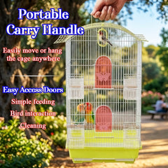 Small Bird Cage with Perches, Feeders and Swing, Ideal for Parakeets, Lovebirds, and Small Parrots, 62 cm Metal Cage with Hanging, Pull-out Tray, Portable, Durable and Top-Roof Design (Yellow)