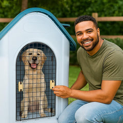 Dog House Outdoor for Small to Large Dogs | Plastic Waterproof & Weatherproof Designed Dog Home | All-Season Shelter with Air Vents, Lockable Door & Elevated Floor, Easy To Assemble (Grey, 113cm)
