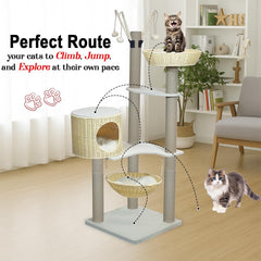 Cat tree with woven baskets, Scratching posts, Swing Hammock & Dangling balls, 148 cm Multi-level cat furniture for all cats, Large cat tower with Soft cushion, Large platforms & Condo (Beige)