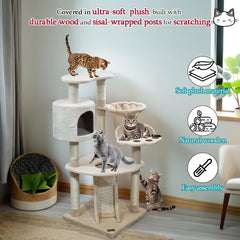 Multi-level Cat Tree for Big Cats | 111cm Cat Tower with Top Perch | Cozy Condo, Soft Hammock & Paw Shape Perch | Indoor Cat Playground with Sisal ladder, Sisal Scratching Posts