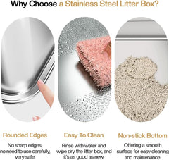 Stainless steel cat litter box with Scoop, Anti-splash design, Grid design, Non-stick, and Odor resistant, Open top kitty toilet for Indoor cats & kittens, Easy to clean