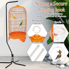 Round Bird Cage with Plastic Base, Metal Wire, Feeding Bowls, Swing, and Perches, 73 cm Travel Portable Cage for Parakeets, Canaries, and Small Birds, Indoor Outdoor Use, Convenient hook (ORANGE)