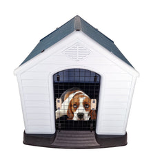 Plastic dog house with Durable PP material, Ventilation holes, Lockable door, and Raised floor, Water-proof pet shelter for medium to large breeds, Indoor/Outdoor use, Easy assembly, 100 cm (Grey)