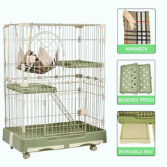 NNC PETS 2-Tier Cat Cage Indoor - Metal Wire Cat Crate Playpen Kennel with 2 Lockable Doors, Climbing ladder, Removable Tray &b Universal Wheels - Easy Assembly, 102 cm(Green, Medium)
