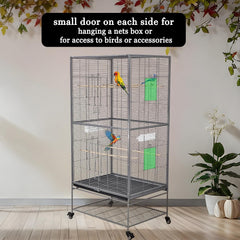Large bird cage, Durable design and Steel wire, Removable tray and Multiple access doors, Wood perches and Food bowls, Small and medium birds, Universal wheels with brakes 168 cm (Grey)