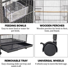 Bird cage for Small to Medium birds, Wrought iron bird cage with Open-top design, Feeding cups, Wooden Perches, Slide-out tray, and Universal wheels, Ideal for Indoor/Outdoor use, 85 cm (Black)