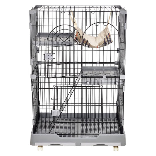 Cat cage playpen for Multi-cat households, 2-layer metal wire cat cage with Durable hammock, climbing ladder, Slide-out tray, and Universal wheels, Suitable for indoor/outdoor 121 cm (Grey)
