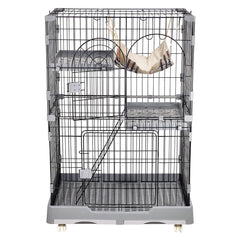 Cat cage playpen for Multi-cat households, 2-layer metal wire cat cage with Durable hammock, climbing ladder, Slide-out tray, and Universal wheels, Suitable for indoor/outdoor 121 cm (Grey)