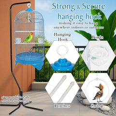 Round Bird Cage with Plastic Base, Metal Wire, Feeding Bowls, Swing, and Perches, 73 cm Travel Portable Cage for Parakeets, Canaries, and Small Birds, Indoor Outdoor Use, Convenient hook (BLUE)