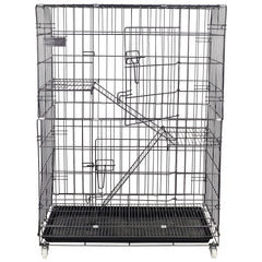 2-Tier cat cage for cat & kittens, Heavy-duty foldable metal pet cage with 2-lockable Doors, Climbing ladders, Slide-out tray, and Universal wheels, Ideal for Indoor/Outdoor use, 104 cm (Black)