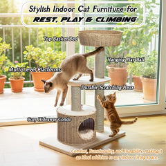 Cat tree with Scratching Post, Wicker basket, Hand-woven condo, and Dangling ball, 97 cm Indoor cat furniture for all cats, Multi-level cat tree, Easy assembly, & Cat climbing tower (Beige)