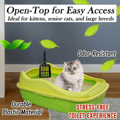 Anti-splash cat litter box with Enclosed design, Easy to clean, Durable plastic material and Removable, Cat Litter Pan with Scoop, Portable, Large size, High fence, and All size cats