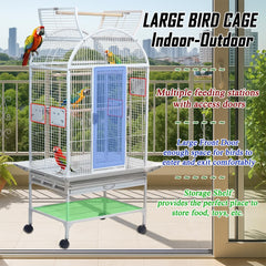 Large parrot cage with Stand, Indoor-Outdoor use, Open play top, Easy-clean tray, Food bowls & Storage shelf, 163 Bird cage with Wheels, Wooden perches, Durable and Metal wire bird cage (White)