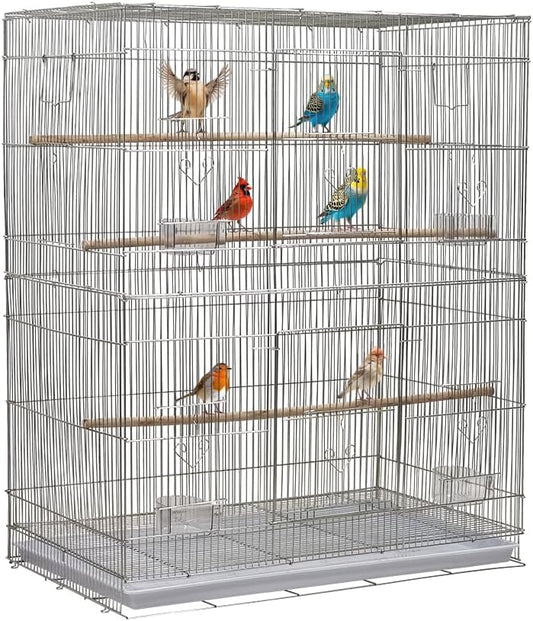 Multiple Compartment Small and Large Bird Cage Silver -93 cm | Removable Tray | Multiple Access Doors | Wooden Perches | Portable Handle |Suitable for Indoor and Outdoor Use