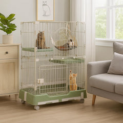 NNC PETS 2-Tier Cat Cage Indoor - Metal Wire Cat Crate Playpen Kennel with 2 Lockable Doors, Climbing ladder, Removable Tray &b Universal Wheels - Easy Assembly, 102 cm(Green, Medium)