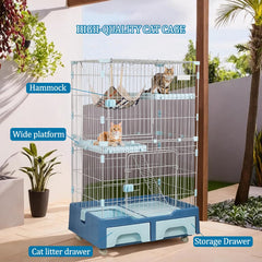 Cat cage playpen for Multi-cat household, 3-tier cat cage with Cozy hammock, Wide platform, Climbing ladder, Build-in litter box, and Universal wheels, Ideal for indoor/outdoor use 133 cm (Blue)