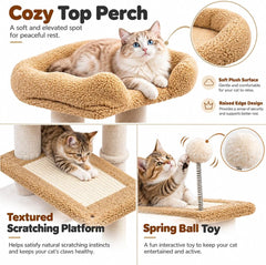 Cat Tree Tower for Indoor Cats, 70 cm Multi-Level Cat Activity Center with Plush Perches, Cozy Hideaway, Sisal Scratching Post and Spring Ball Toy, (Beige)