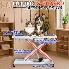 Electric Pet Grooming Table with Foot pedal, Power outlets & USB, Tool Hook and Storage, 191 cm Dog grooming station with Electric motor, Non-slip & Replaceable surface, Height adjustable (White)