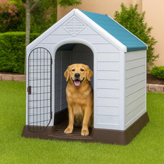Dog House Outdoor | Plastic Durable Weatherproof Designed Dog Home for Medium to Large Dogs | All-Season Shelter with Air Vents, Lockable Door & Elevated Floor, Easy To Assemble (Blue,100cm)