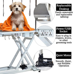 Electric Pet Grooming Table with Foot pedal, Power outlets & USB, Tool Hook and Storage, 191 cm Dog grooming station with Electric motor, Non-slip & Replaceable surface, Height adjustable (White)