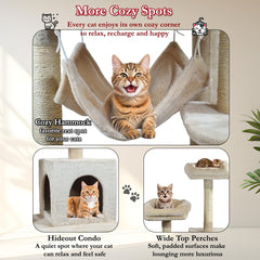 Cat Tree Tower for Big Cats with Double Soft Perches, Cozy Cat Condo, Scratching Post, Spacious Hammock & Self-Grooming Brush, Durable Cat Climbing Frame (Beige, 145 cm)