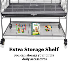Bird cage for Medium to Large-sized birds, Durable house-roof design bird cage with Wooden perches, Feeding cups, Slide-out tray, Storage shelf, and Universal wheels 167 cm (Grey)