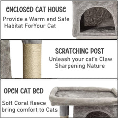 Cat Tree with Large Perch - 65cm Cat Tower House- Open Cat Bed - Spacious Cat Condos & Sisal Cat Scratching Post - Dangling Ball - Pet Tree for Indoor Cats & Kittens (Grey)