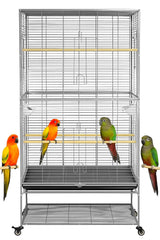 Large bird cage, Durable design and Steel wire, Removable tray and Multiple access doors, Wood perches and Food bowls, Small and medium birds, Universal wheels with brakes 168 cm (Grey)