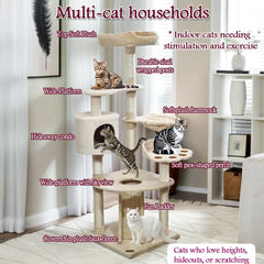 Cat Tree for Big Cats with Top Soft Plush | Cat Tower with Paw Shape Perch & Hammock, Multi-level Cat Tower with Cozy Condo | Fun Ladder & Scratching Posts | Indoor Cat House (Beige, 150 cm)