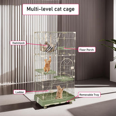 NNC PETS 3-Tier Cat Cage Indoor - Large Metal Cat Crate Kennel with 3 Lockable Doors - Cozy Hammock & Wide Platforms - Climbing Ladder, Drawer Tray & Universal Wheels, 146cm(Green, Large)
