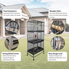 Bird Cage, Parrot cage, Metal Cage with Plastic base, Multiple compartments cage, Birds Village, Birds House, Indoor use, Easy to Assemble, Black color metal bars, 180 cm height
