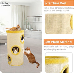 Cylinder cat tree activity center for indoor cats, Multi-level cat climbing tree with Dangling ball, Sisal scratching post, and Comfortable cat beds, Easy to assemble 75 cm (Yellow)
