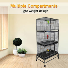 Bird Cage, Parrot cage, Metal Cage with Plastic base, Multiple compartments cage, Birds Village, Birds House, Indoor use, Easy to Assemble, Black color metal bars, 180 cm height