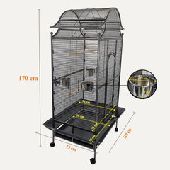 Large Bird Cage for Parrots, Macaws & Other Birds - 180cm Durable Metal Cage with Wooden Perches, Feeding Bowls, Removable Tray & Universal Wheels - Ideal for Indoor & Outdoor (Pitch Black, Large)