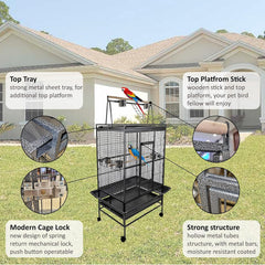 Large bird cage for Parrots, Macaws, and other birds, Spacious & Durable metal bird cage with Play-top area, Wooden perches, Feeding bowls, Removable tray, and Universal wheels 180 cm (Black)