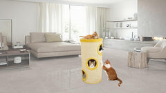 Cylinder cat tree activity center for indoor cats, Multi-level cat climbing tree with Dangling ball, Sisal scratching post, and Comfortable cat beds, Easy to assemble 75 cm (Yellow)