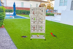 Bird cage for bird breeding, Durable bird cage with 3-layer design, Wooden perches, Plastic food cups, Removable tray, Bottom shelf, and Universal wheels, Easy to assemble 210 cm (White)