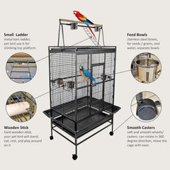 Large bird cage for Parrots, Macaws, and other birds, Spacious & Durable metal bird cage with Play-top area, Wooden perches, Feeding bowls, Removable tray, and Universal wheels 180 cm (Black)