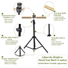 Bird Perch Stand with Tripod Base, Adjustable Height, Portable & Sisal Rope Perches, 144 cm Bird Training Stand with Stainless Steel Feeding Cup for Parrot, Macaw & other Medium to Large Birds (Black)