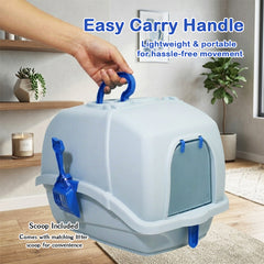 Cat litter box with Durable Plastic, Easy Handle, and Top Opening Lid, 54 cm Litter Tray for Indoor Cats, Odor Control, Easy to clean and Portable, Scoop Included, Anti-Tracking Grid