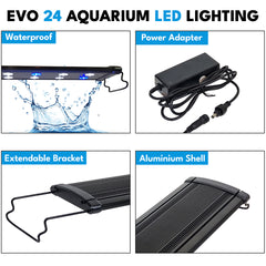 EVO-24 Aquarium LED Light, Waterproof Blue & White LED Lighting with Extendable Brackets for Freshwater Fish Tanks & Aquascaping.