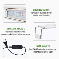 Ultra Thin LED Aquarium Light, XML-50 Fish Tank Light with High Brightness and Wide Light Coverage, Adjustable Width, Easy to Install, Energy Efficient Lighting for Freshwater and Planted Aquariums