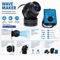 Wave Maker for Aquarium, Adjustable Water Flow Pump for Fish Tanks, 1200-15000L/H Flow Rate, Multiple Flow Modes, 360° Adjustable Direction, Strong Magnetic Mount, Quiet Water Circulation Pump