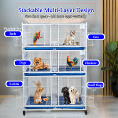 6-Compartment Bird Cage with Wheels, Stackable Breeding Cage for Parakeets, Lovebirds, Finches, Canaries and Small Birds, Heavy Duty Metal Bird Aviary, Individual Bird Housing with Feeding Doors, Slide-Out Trays and Lockable Access Doors
