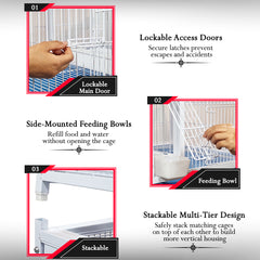 6-Compartment Bird Cage with Wheels, Stackable Breeding Cage for Parakeets, Lovebirds, Finches, Canaries and Small Birds, Heavy Duty Metal Bird Aviary, Individual Bird Housing with Feeding Doors, Slide-Out Trays and Lockable Access Doors