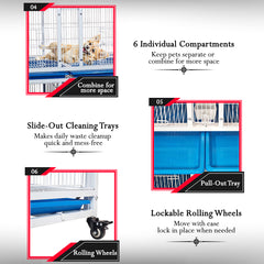 6-Compartment Bird Cage with Wheels, Stackable Breeding Cage for Parakeets, Lovebirds, Finches, Canaries and Small Birds, Heavy Duty Metal Bird Aviary, Individual Bird Housing with Feeding Doors, Slide-Out Trays and Lockable Access Doors